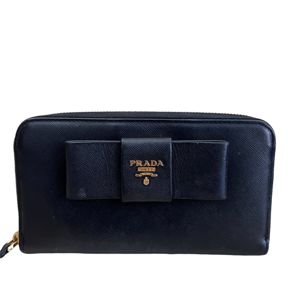Authentic Prada Wallet Zippy Ribon Black Saffiano Leather Used Vintage